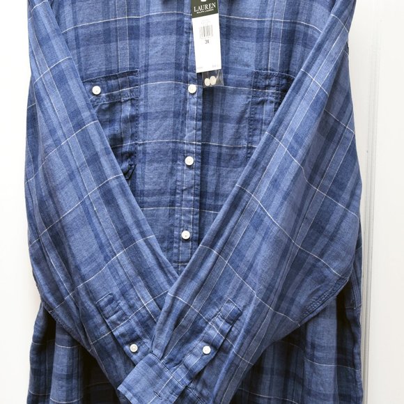 LAUREN Ralph Lauren Multi Blue Plaid100% Linen Button-Up Shirt Sz 3X NWT, New, - Picture 2 of 6